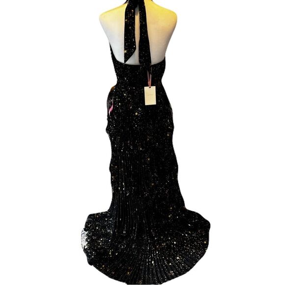 NWT Alex Marie Black and Gold Tiered Pleated Halter Maxi Dress – Size 4 - Picture 8 of 13